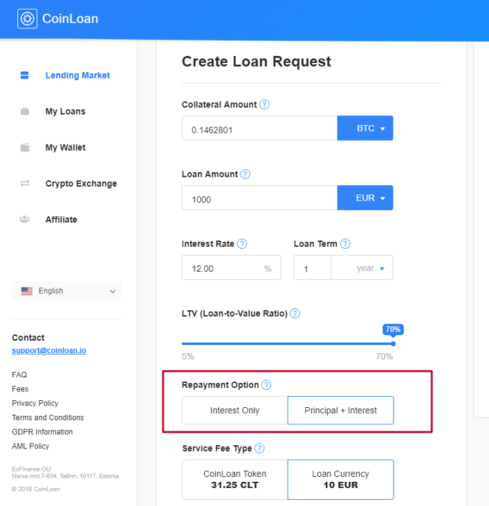 Figure 5: The Repayment Option choices that CoinLoan offers when a Loan Request is created by a user.